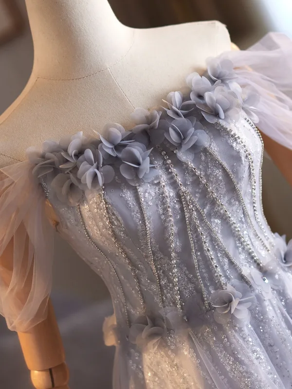 Charmant Silber Applikationen Strass Pailletten Ballkleider 2026 A Linie Off Shoulder Kurze Ärmel Rückenfreies Lange Festliche Kleider