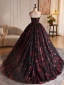 Elegant Burgundy Sequins Flower Prom Dresses 2024 Ball Gown Strapless Sleeveless Backless Floor-Length / Long Prom Formal Dresses