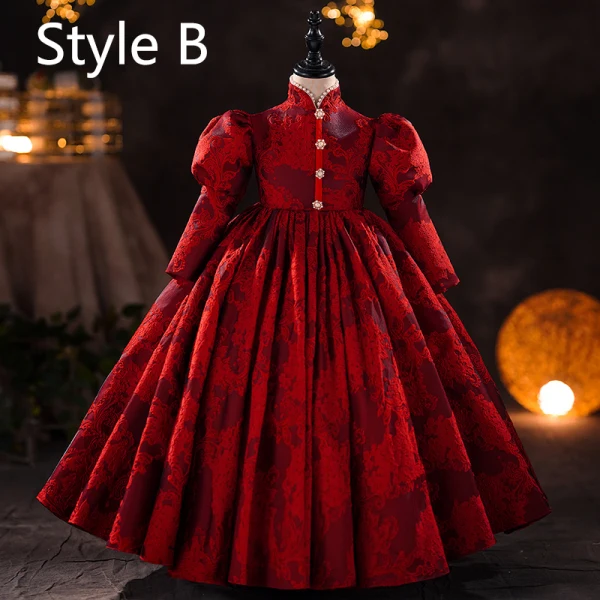 Elegant Burgundy Lace Flower Birthday Flower Girl Dresses 2024 Ball Gown High Neck Short Sleeve Floor-Length / Long