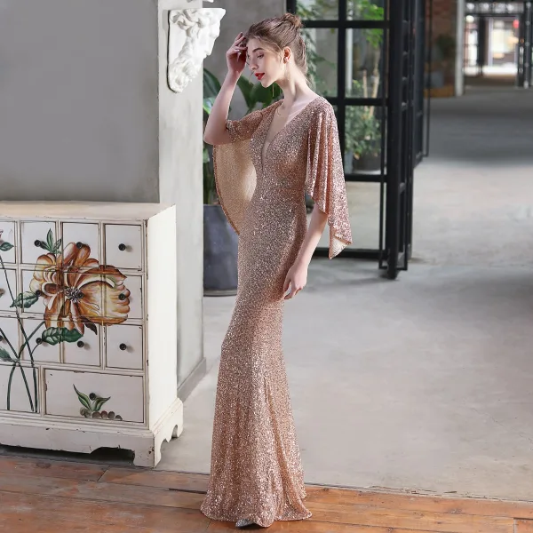 Sparkly Black Sequins Evening Dresses 2022 Trumpet / Mermaid Scoop Neck 1/2 Sleeves Floor-Length / Long Evening Party Formal Dresses