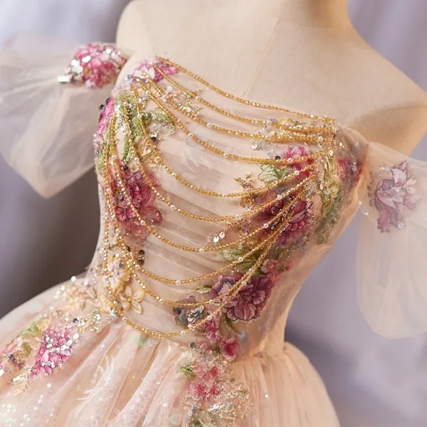 Flower Fairy Champagne Beading Sequins Pearl Lace Flower Homecoming Graduation Dresses 2025 Ball Gown Off-The-Shoulder Short Sleeve Backless Knee-Length Formal Dresses