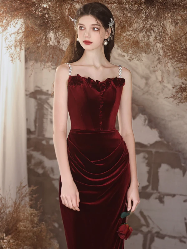 burgundy velvet party dress Burgundy Velvet Long Mermaid Prom Dress, Short Sleeve Evening Dress wi main image 1