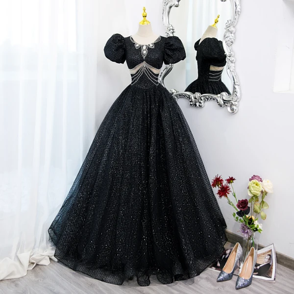 Élégant Noire Perle Faux Diamant Paillettes Robe De Bal Longue 2022 Robe Boule Encolure Dégagée Gonflée Manches Courtes Dos Nu Promo Robe De Ceremonie