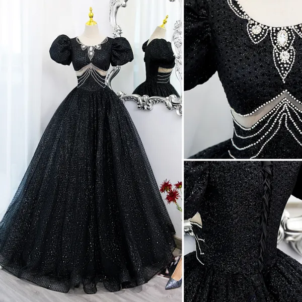 Elegant Black Pearl Rhinestone Sequins Prom Dresses Floor-Length / Long ...