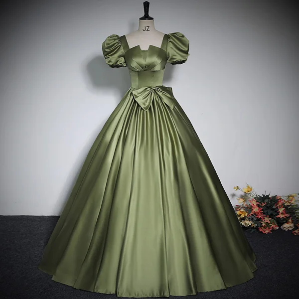 Vintage / Retro Navy Blue Satin Prom Dresses 2023 Ball Gown Square Neckline Short Sleeve Backless Bow Floor-Length / Long Prom Formal Dresses