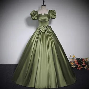 Vintage Originale Vert Trèfle Satin Robe De Bal 2023 Robe Boule Encolure Carrée Noeud Manches Courtes Dos Nu Longue Promo Robe De Ceremonie