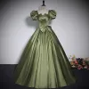 Vintage / Retro Clover Green Satin Prom Dresses 2023 Ball Gown Square Neckline Bow Short Sleeve Backless Floor-Length / Long Prom Formal Dresses