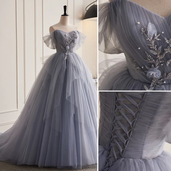 Chic / Belle Argenté Gris Perlage Perle Paillettes Appliques Plissée Robe De Bal 2023 Robe Boule De l'épaule Sans Manches Dos Nu Train De Balayage Promo