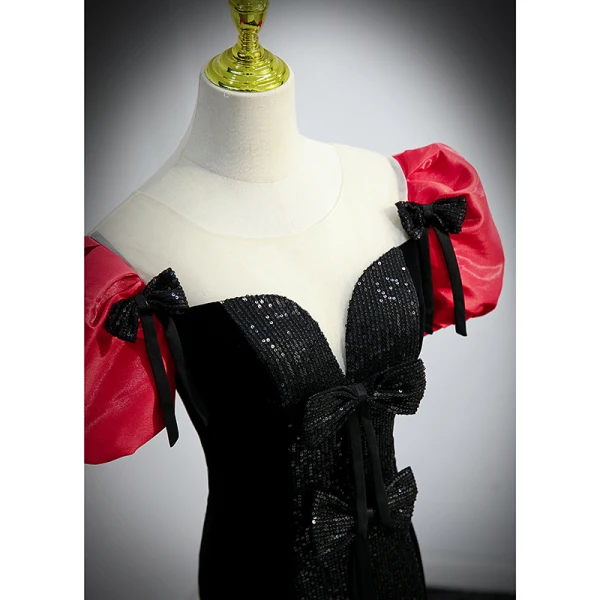 Sexy Noire Paillettes Noeud Robe De Soirée 2022 Trompette / Sirène Encolure Dégagée Gonflée Manches Courtes Dos Nu Train De Balayage Soirée Robe De Ceremonie