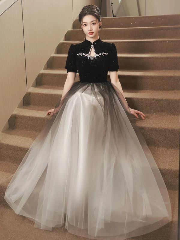 Style Chinois Noire Faux Diamant Paillettes Robe De Bal 2023 Princesse Col Haut Manches Courtes Longue Robe De Ceremonie