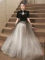 Style Chinois Noire Faux Diamant Paillettes Robe De Bal 2023 Princesse Col Haut Manches Courtes Longue Robe De Ceremonie