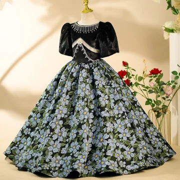 Vintage Retro Black Rhinestone Floral Birthday Flower Girl Dresses 2024 Ball Gown Scoop Neck Short Sleeve Floor Length Long
