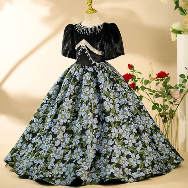 Vintage / Retro Black Rhinestone Floral Birthday Flower Girl Dresses 2024 Ball Gown Scoop Neck Short Sleeve Floor-Length / Long Vintage / Retro Black Rhinestone Floral Birthday Flower Girl Dresses 2024 Ball Gown Scoop Neck Short Sleeve Floor-Length / Long