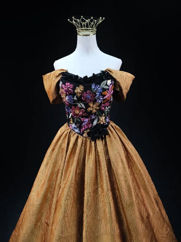 Élégant Doré Paillettes En Dentelle Fleur Robe De Bal 2025 Robe Boule De l'épaule Sans Manches Dos Nu Longue Promo Robe De Ceremonie