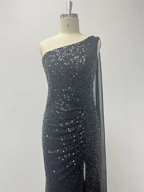 Scintillantes Noire Paillettes Fendue devant Robe De Soirée 2024 Trompette / Sirène Une épaule Sans Manches Dos Nu Fermeture Éclair Sur Le Côté Longue Soirée Robe De Ceremonie