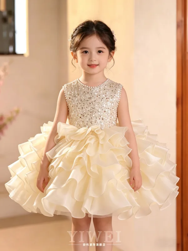 Bling Bling Champagne Sequins Cascading Ruffles Birthday Flower Girl Dresses 2026 Ball Gown Scoop Neck Sleeveless Bow Short