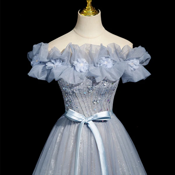Chic / Belle Bleu Ciel Perlage Paillettes Appliques Robe De Bal 2023 Princesse De l'épaule Noeud Ceinture Sans Manches Dos Nu Longue Promo Robe De Ceremonie