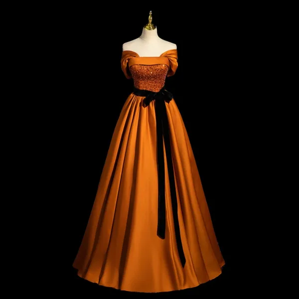 Élégant Orange Perlage Paillettes Satin Robe De Bal 2023 Robe Boule De l'épaule Sans Manches Dos Nu Noeud Ceinture Longue Robe De Ceremonie