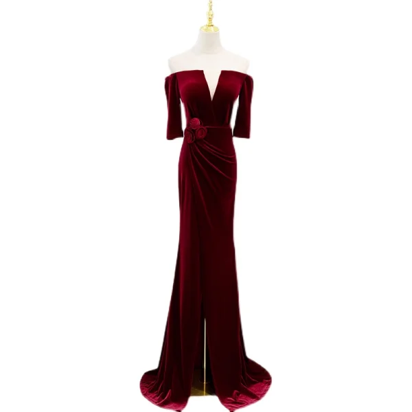 Charming Burgundy Suede Evening Dresses 2022 Trumpet / Mermaid Off-The-Shoulder Short Sleeve Backless Sash Flower Sweep Train Evening Party Formal Dresses