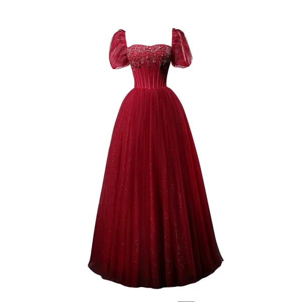 Élégant Bordeaux Fait main Perlage Faux Diamant Paillettes Robe De Bal 2022 Princesse Encolure Carrée Manches Courtes Dos Nu Longue Promo Robe De Ceremonie