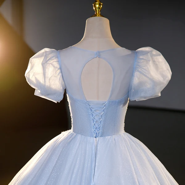 Chic / Beautiful Sky Blue Beading Sequins Prom Dresses 2023 Ball Gown Scoop Neck Puffy Short Sleeve Backless Floor-Length / Long Prom Formal Dresses