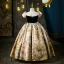Élégant Noire Impression Anniversaire Robe Ceremonie Fille 2022 Robe Boule Encolure Dégagée Perlage Gland Gonflée Manches Courtes Dos Nu Longue Robe Ceremonie Fille