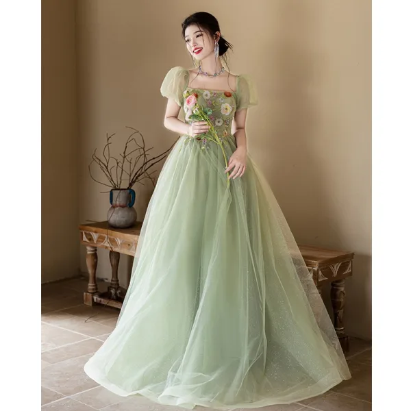 Chic / Belle Vert Cendré Appliques Paillettes Robe De Bal 2024 Princesse Bretelles Spaghetti Manches Courtes Dos Nu Longue Tulle Promo Robe De Ceremonie