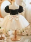 Chic / Belle Noire Anniversaire Robe Ceremonie Fille 2023 Robe Boule Encolure Carrée Gonflée Manches Courtes Dos Nu Noeud Courte