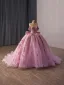 Luxury / Gorgeous Lovely Blushing Pink Pearl Sequins Appliques Prom Dresses 2026 Ball Gown Off-The-Shoulder Short Sleeve Backless Bow Chapel Train Formal Dresses