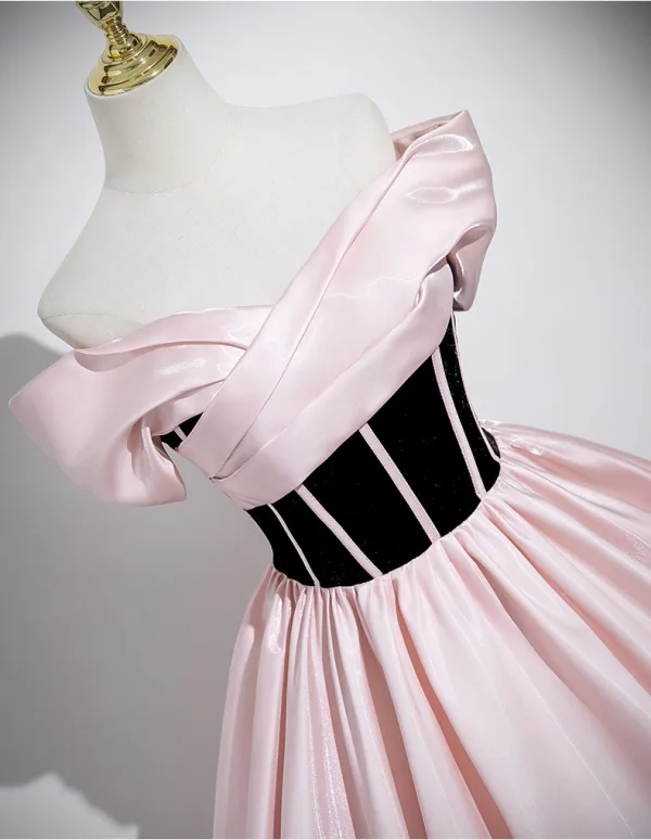 Chic / Beautiful Blushing Pink Prom Dresses 2025 Ball Gown Off-The-Shoulder Short Sleeve Backless Floor-Length / Long Prom Formal Dresses