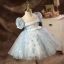 Élégant Bleu Ciel Appliques Perle Paillettes Promo Robe Ceremonie Fille 2022 Robe Boule Encolure Dégagée En Dentelle Gonflée Manches Courtes Longue Robe Ceremonie Fille