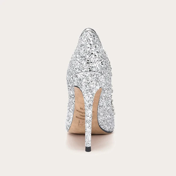 Sparkly Sexy Silver Rhinestone Sequins Wedding Shoes 2023 Leather 10 cm Stiletto Heels Pointed Toe Wedding Shoes High Heels