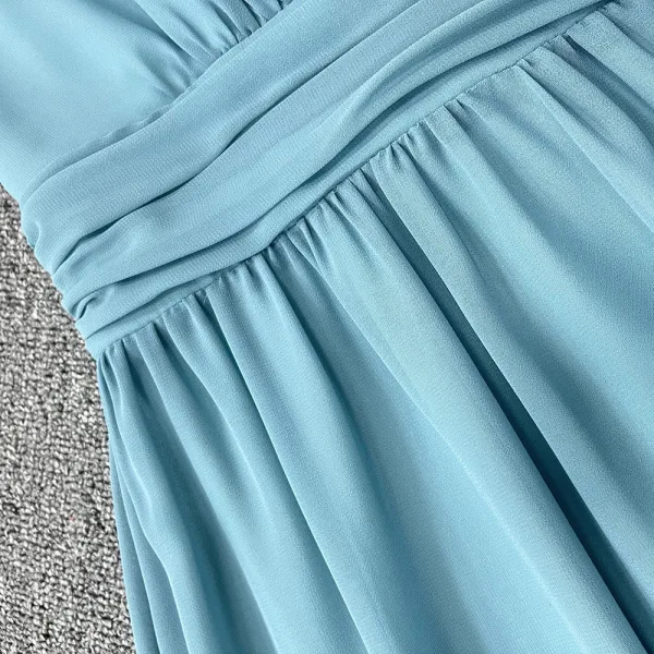 Modest / Simple Pool Blue Split Front Bridesmaid Dresses 2023 A-Line / Princess Chiffon V-Neck Sleeveless Backless Floor-Length / Long Bridesmaid Dresses