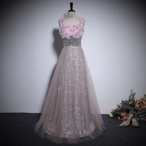 Bling Bling Rougissant Rose Perle Paillettes Appliques Robe De Bal 2024 Princesse Bretelles Spaghetti Sans Manches Dos Nu Longue Promo Robe De Ceremonie