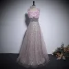 Bling Bling Blushing Pink Pearl Sequins Appliques Prom Dresses 2024 A-Line / Princess Spaghetti Straps Sleeveless Backless Floor-Length / Long Prom Formal Dresses