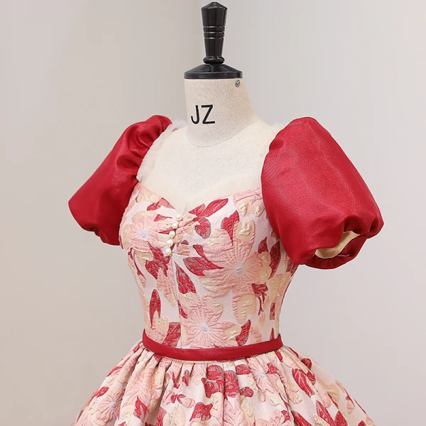 Elegant Red Printing Prom Dresses 2022 Ball Gown Square Neckline Puffy Short Sleeve Backless Sash Floor-Length / Long Prom Formal Dresses