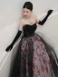 Chic / Beautiful Black Printing Prom Dresses 2026 A-Line / Princess Strapless Sleeveless Backless Floor-Length / Long Formal Dresses