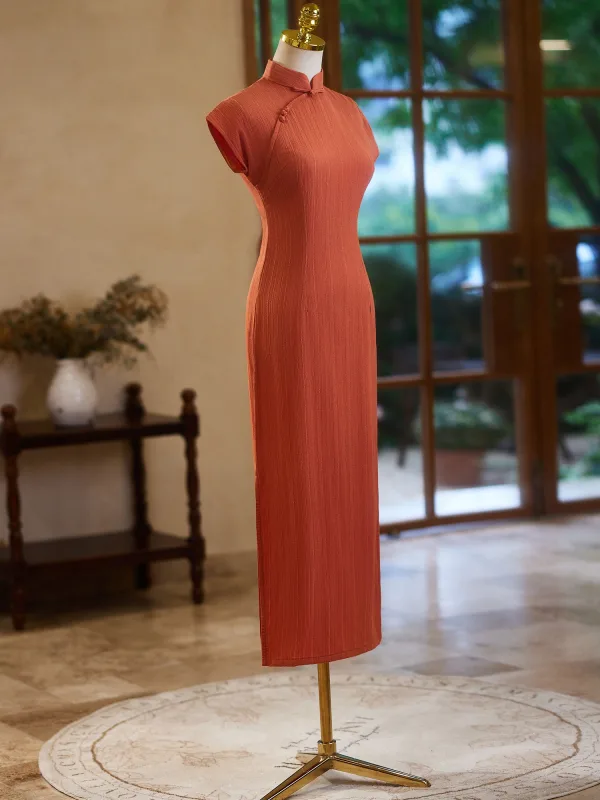 Chinese style Orange Tea-length Cheongsam 2024 Trumpet / Mermaid High Neck Short Sleeve Prom