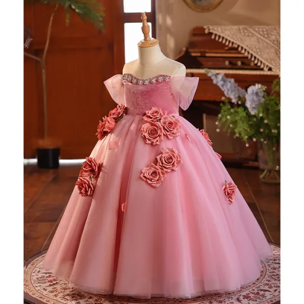 Flower Fairy Candy Pink Appliques Prom Dresses 2025 Ball Gown Off-The-Shoulder Short Sleeve Backless Floor-Length / Long Prom Formal Dresses