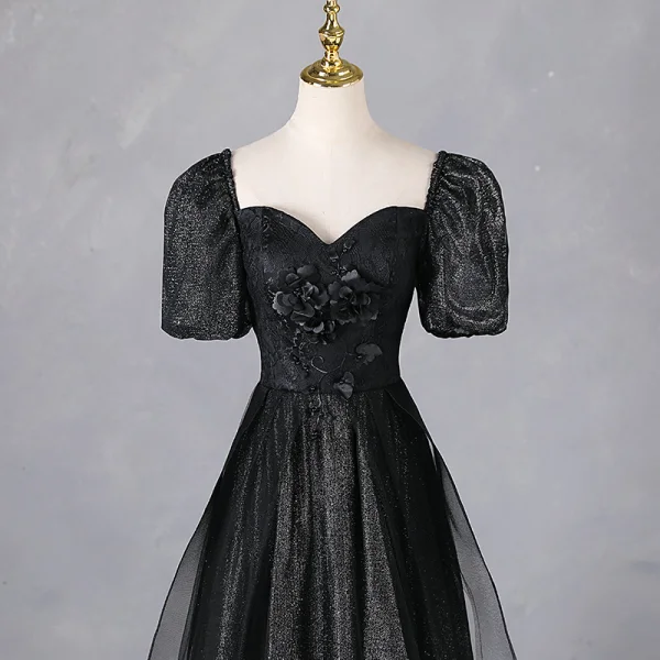 Elegant Black Appliques Glitter Prom Dresses 2024 A-Line / Princess Square Neckline Puffy Short Sleeve Backless Floor-Length / Long Prom Formal Dresses