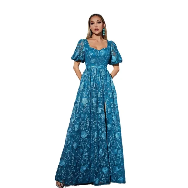 Vintage / Retro Pool Blue Lace Flower Split Front Prom Dresses 2025 A-Line / Princess Square Neckline Short Sleeve Floor-Length / Long Prom Formal Dresses