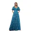 Vintage / Retro Pool Blue Lace Flower Split Front Prom Dresses 2025 A-Line / Princess Square Neckline Short Sleeve Floor-Length / Long Prom Formal Dresses
