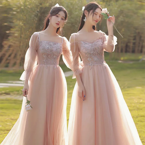 Chic / Beautiful Blushing Pink Beading Bridesmaid Dresses 2022 A-Line / Princess Short Sleeve Backless Floor-Length / Long Bridesmaid Dresses