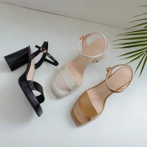 Mode Svarta Gatukläder Lackläder Sandaler Dam 2023 Ankelband 8 Cm Tjocka Klackar Peep Toe Sandaler Högklackade