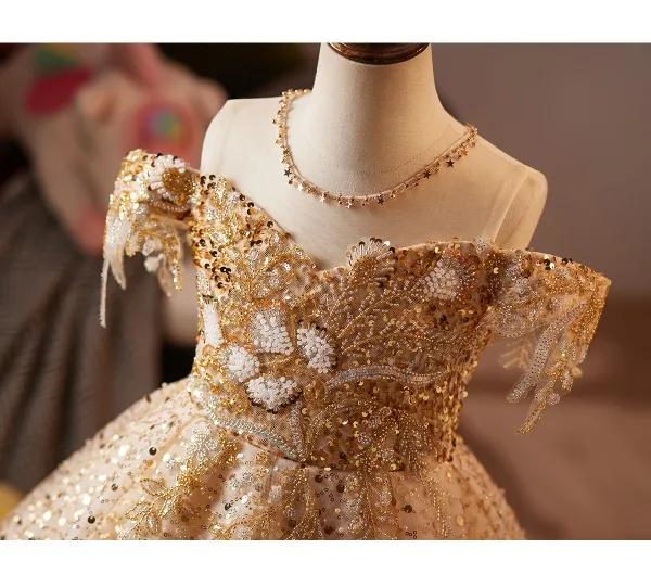 Sparkly Gold Beading Sequins Birthday Flower Girl Dresses 2025 Ball Gown Scoop Neck Short Sleeve Backless Floor-Length / Long Tulle
