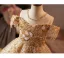 Sparkly Gold Beading Sequins Birthday Flower Girl Dresses 2025 Ball Gown Scoop Neck Short Sleeve Backless Floor-Length / Long Tulle