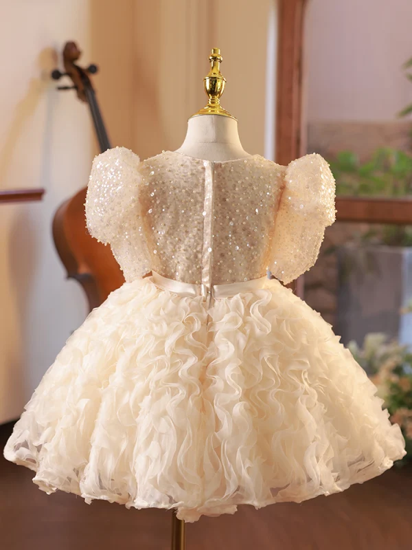 Bling Bling Champagne Beading Pearl Sequins Short Birthday Flower Girl Dresses 2024 Ball Gown Square Neckline Bow Sash Short Sleeve