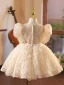 Bling Bling Champagne Beading Pearl Sequins Short Birthday Flower Girl Dresses 2024 Ball Gown Square Neckline Bow Sash Short Sleeve