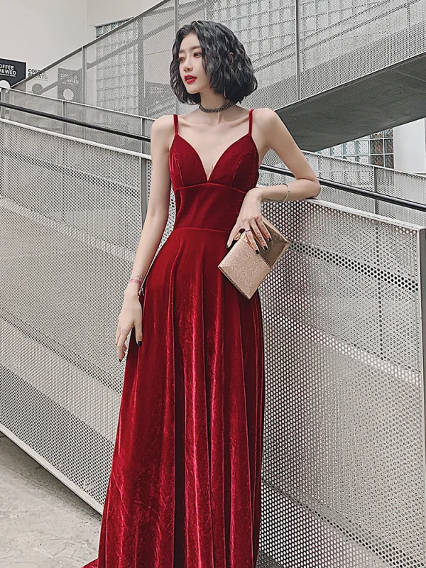Charming Burgundy Suede Evening Dresses 2022 A-Line / Princess Spaghetti Straps Sleeveless Backless Floor-Length / Long Evening Party Formal Dresses