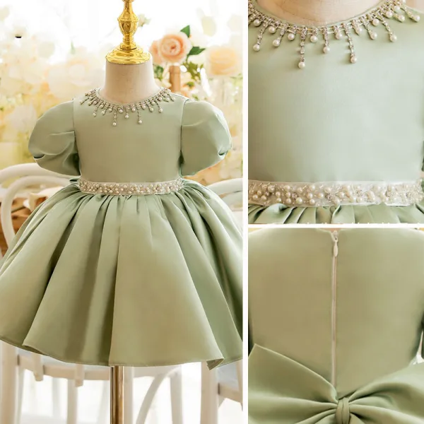 Elegant Sage Green Short Prom Flower Girl Dresses 2022 Ball Gown Scoop Neck Pearl Rhinestone Puffy Short Sleeve Bow Flower Girl Dresses